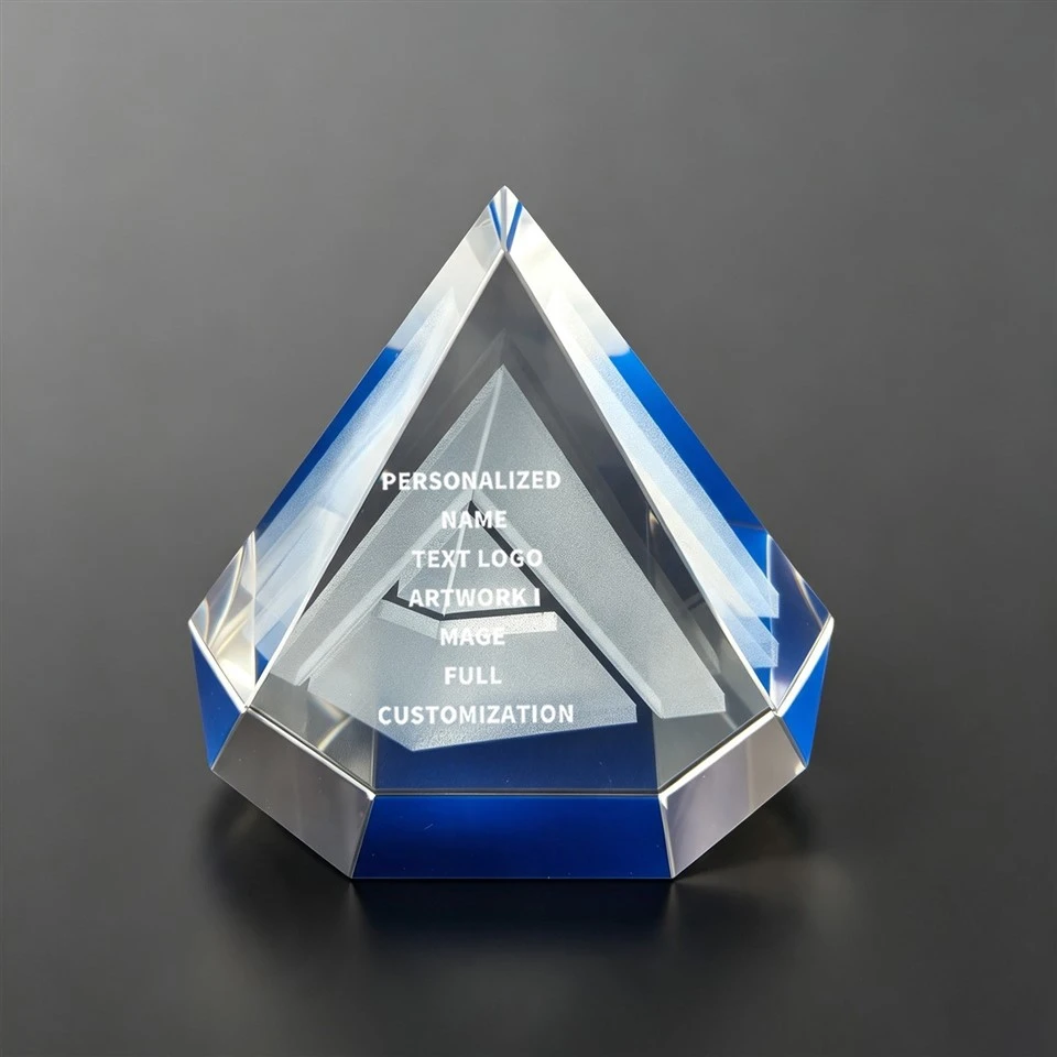 Faceted Blue Triangle Laser Engraved Trophy suppliers